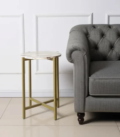 Marble end table with brown tan marble top and gold metal frame - Goldoma 21 inch round side table