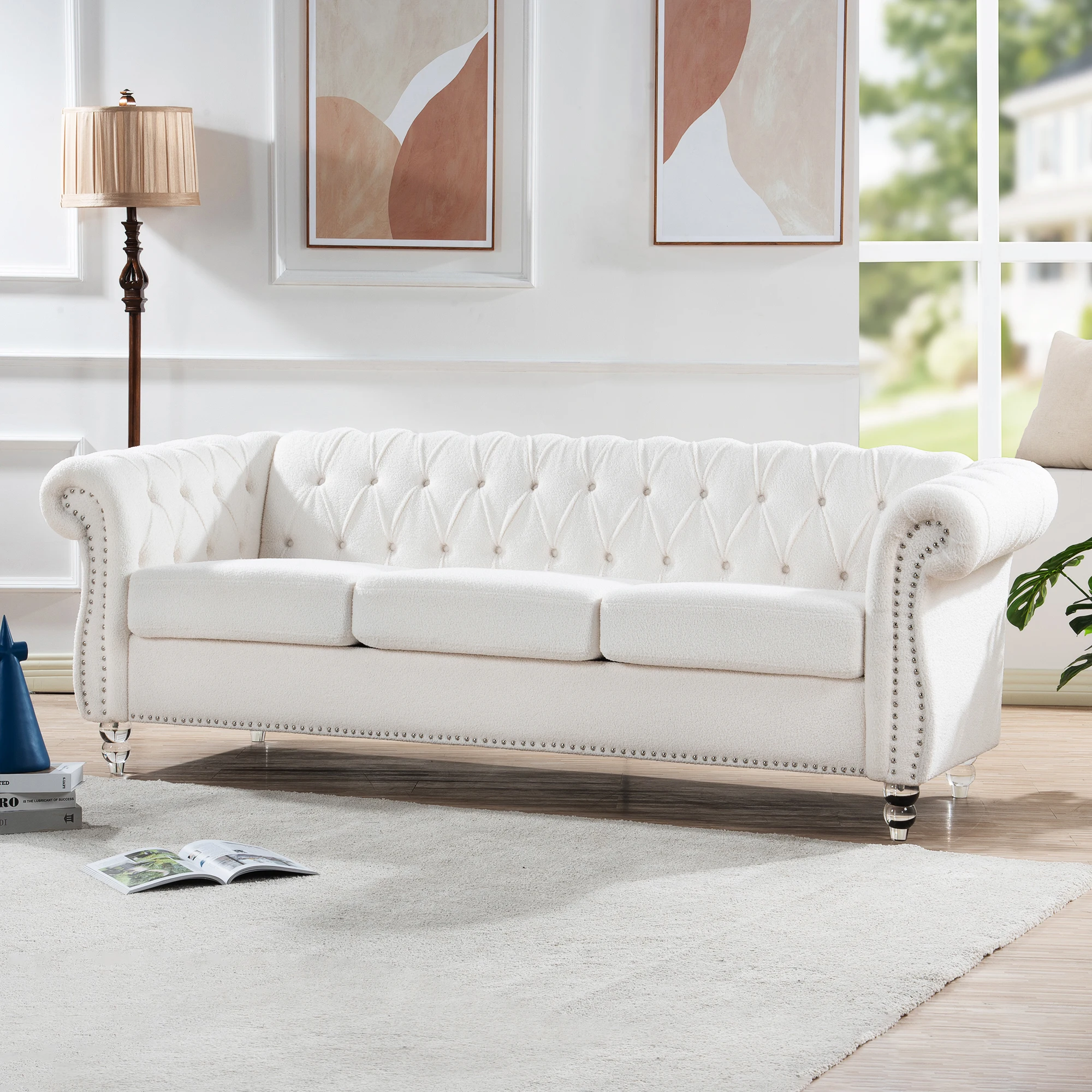 Goldoma Modern White Velvet 2-Seater Convertible Sofa with Extendable Seat