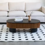 Modern hidden storage coffee table with solid wood veneer in elliptical shape, featuring a removable top for storage access