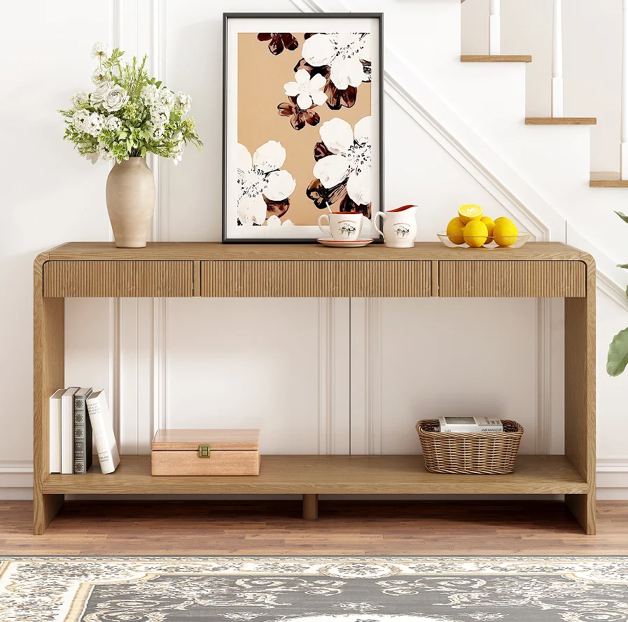 H82a9a4cc69db4aacaea3268baa7f1589k.webp Goldoma Modern Solid Wood 3-Drawer Console Table with Vertical Slats in entryway