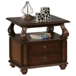 Goldoma 26 inch solid wood square end table with two drawers and shelf in brown finish