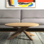 Solid mango wood coffee table 42 inch round farmhouse style with cross legs and natural finish in living room
