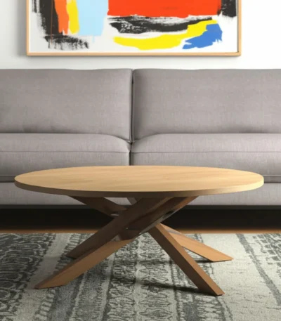 Solid mango wood coffee table 42 inch round farmhouse style with cross legs and natural finish in living room