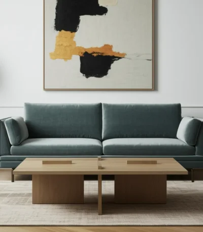 Goldoma 34-inch natural wood coffee table in a living room setting