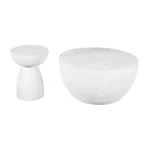Goldoma 22 inch white distressed solid wood round end table with hand-carved pedestal base in a living room setting
