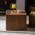 Vintage boho nesting coffee table set in warm brown solid wood with two tables nested