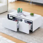 Goldoma smart coffee table with mini fridge and wireless charging in modern living room