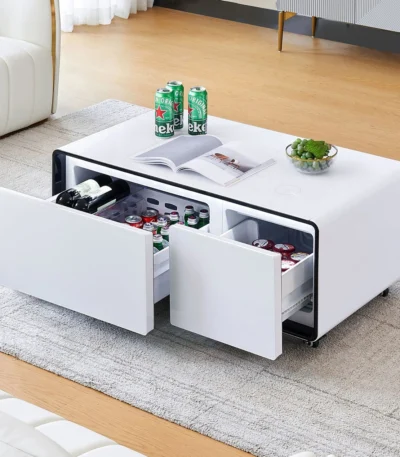 Goldoma smart coffee table with mini fridge and wireless charging in modern living room