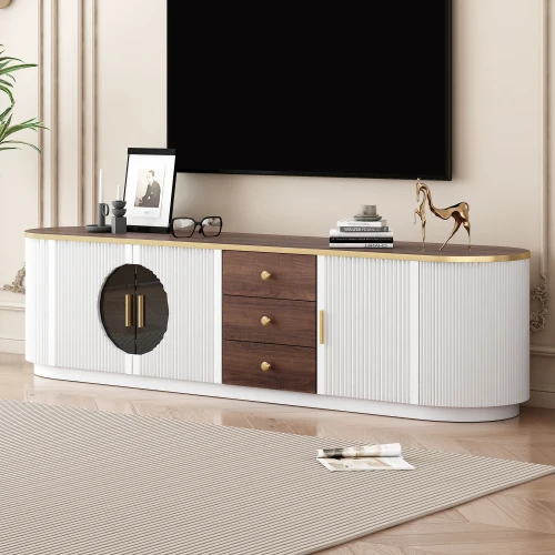 H83fb6e358f214a14bc5476ace1ca8636g.webp Mid-century modern TV stand for 65-inch TVs with three drawers and shelves in natural oak finish
