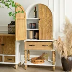 Goldoma solid wood tall sideboard cabinet in vintage white with carved door, drawer, shelf for farmhouse living room storage