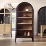 Goldoma traditional solid wood arched bookcase and wine cabinet with antique finish, wall-mounted, featuring spacious shelves and wine storage