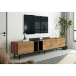Goldoma modern minimalist TV stand for 80-inch TV in natural wood finish with three pull-down doors