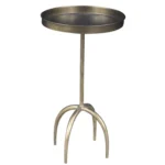 Distressed brass pedestal end table with round raised tray top and iron construction, perfect as accent side table for living room