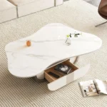 Modern butterfly coffee table with sintered stone top and storage drawer in living room