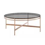 Goldoma 35 inch round glass coffee table with gold stainless steel frame and gray tempered glass top in living room