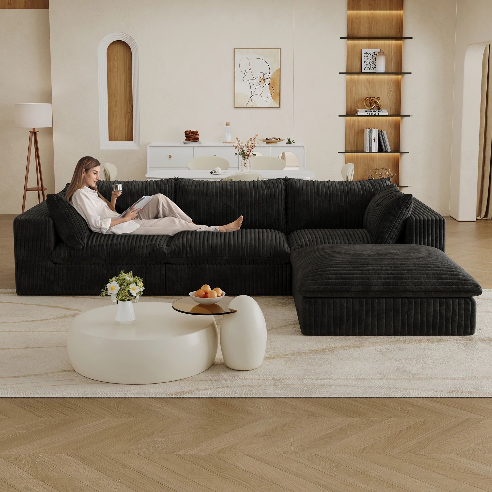 H84ac87c5c5da441b9f3a3081f581027ac.webp Goldoma modular L-shape corduroy cloud sofa with deep seats and memory foam in a modern living room