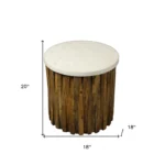 Marble round end table with brown solid wood base and ivory marble top in a living room setting