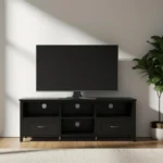 Goldoma 70 inch black MDF TV stand with enclosed and open storage in a contemporary living room