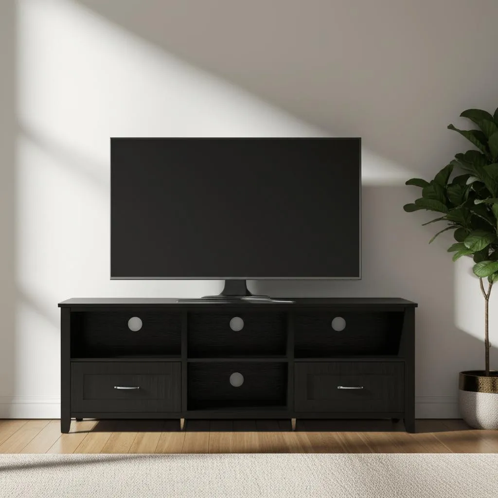 H86578c6b16bf42458d2d071fe53feac8a.webp Goldoma 70 inch black MDF TV stand with enclosed and open storage in a contemporary living room