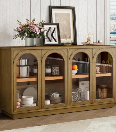 Goldoma modern 2ft solid wood sideboard with glass doors in living room
