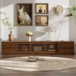 Modern wood TV stand for TVs up to 80 inches with cable management and soft-close hinges in a living room
