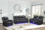 Goldoma LED power recliner in black faux leather with built-in LED lighting, wood legs, and power recline controls