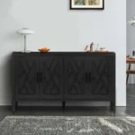 Goldoma 60-inch burnt wood console table with four doors and antique black finish in a modern farmhouse style