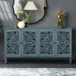 60-inch solid wood antique buffet cabinet with floral carvings and antique brass handles in Antique Blue finish