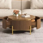 Goldoma round coffee table with two drawers in brown eco-friendly wood
