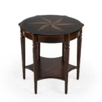 Goldoma 28-inch round coffee table with brown wood top and black metal shelf in a modern rustic living room