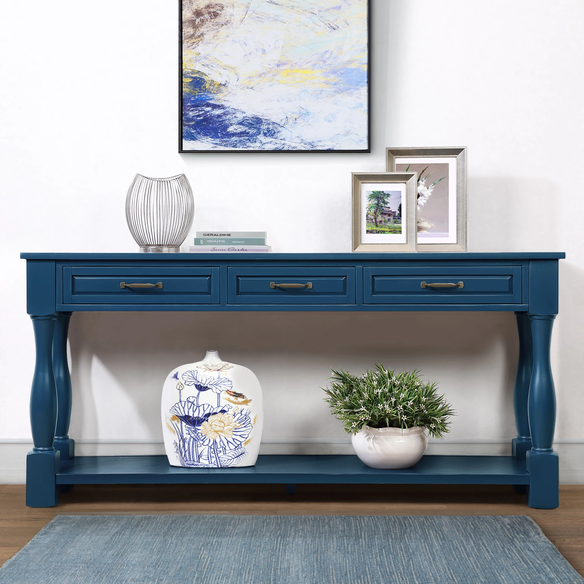 H87747c4d529e4134be82d32553cd613dS.webp Goldoma 63-inch mid-century console table with three drawers and shelf in navy blue, solid wood entryway sofa table