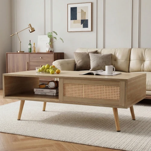 H87832a2c03a24efabb75bc9f4e65f4211.webp Goldoma modern solid wood coffee table with sliding doors and TV cabinet set in living room