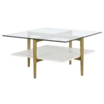 Goldoma 32 inch white and gold glass and steel square coffee table with shelf modern living room furniture