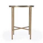 Goldoma 23-inch round end table with brass base and gray marble top in living room