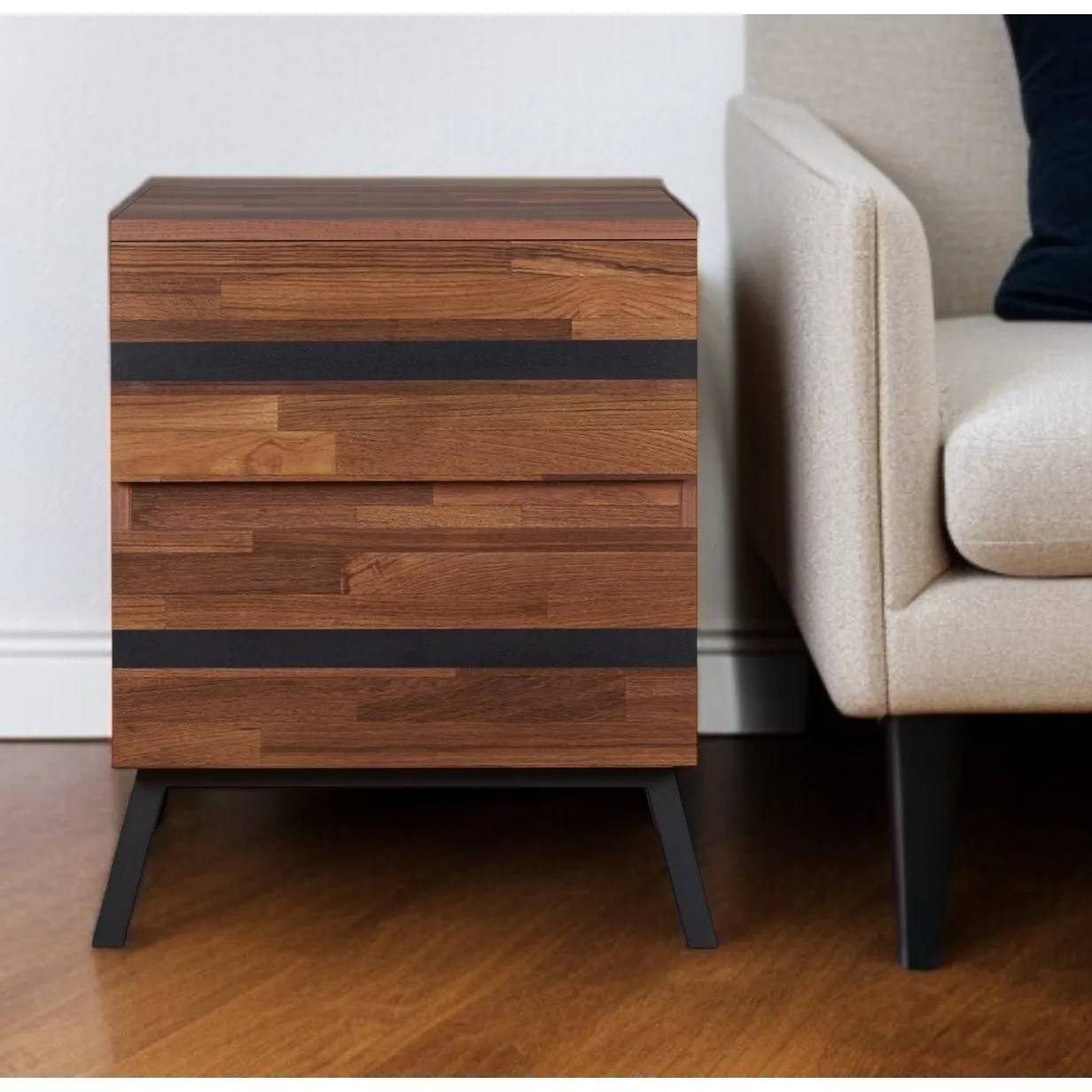 H88177ef992b84faf943ab742560f51df6.webp Black and brown wood and iron end table with two drawers in a living room setting