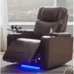 Power Motion Brown FCJ Recliner USB Charging Port Hidden Arm Storage 2 Convenient Cup Holders 360 Swivel Tray Table Wood Frame