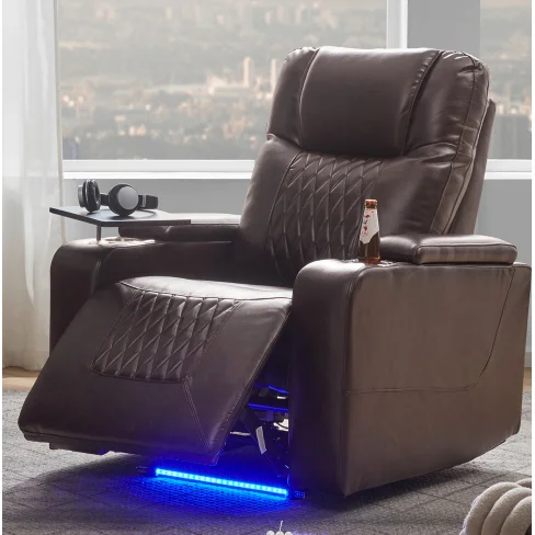 H881dfc93c6db4b10a67f9ca9a9285002k.webp Goldoma power motion recliner in brown with USB charging port, hidden storage, and 360° swivel tray table