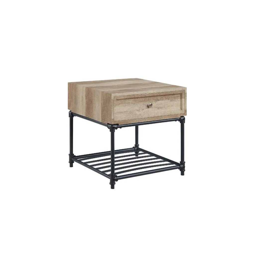 H88652853a5c04bfda012daf4b52942be3.webp Goldoma Sandy Black and Oak Square End Table with Drawer and Shelf - 22" square side table for living room or bedroom