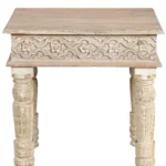Goldoma 24 inch solid wood end table with natural distressed finish, square top, placed next to a sofa in a living room