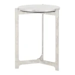White marble round end table with silver aluminum cross legs in living room setting - Goldoma 25 inch marble side table