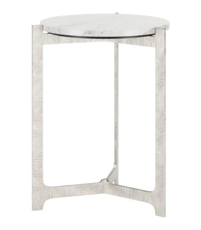 White marble round end table with silver aluminum cross legs in living room setting - Goldoma 25 inch marble side table