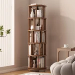 Goldoma 6-Tier Rotating Bookshelf – solid wood rotating bookcase with adjustable shelves and lockable wheels in a modern home setting