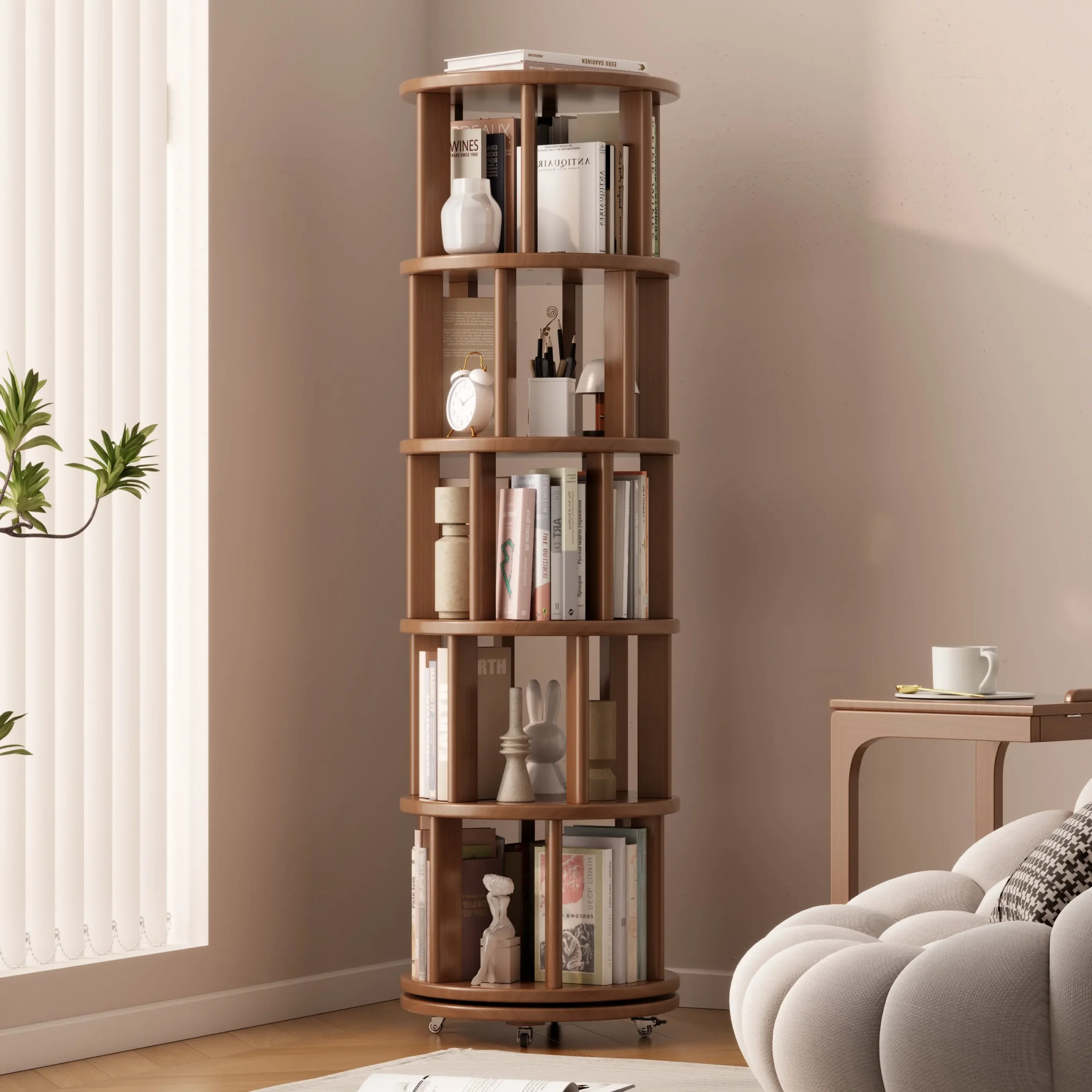 H8a520b57c174451eb8708a8e643fa5b5B.webp Goldoma 6-Tier Rotating Bookshelf – solid wood rotating bookcase with adjustable shelves and lockable wheels in a modern home setting