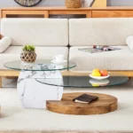 Goldoma double layer coffee table with white marble top and wood grain base in living room setting
