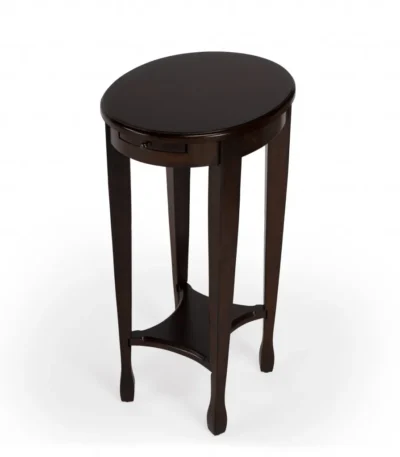 Goldoma oval end table with chestnut burl top and shelf in living room