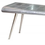 Goldoma 56-inch silver aluminum console table with three wood legs in a modern living room