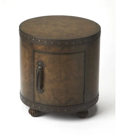 Goldoma 20 inch round vintage coffee table with storage, brown wood and old-world map design
