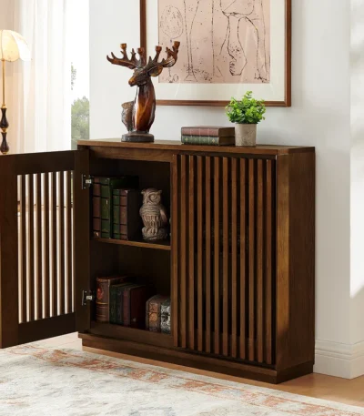 Goldoma solid wood fluted sideboard with outlet holes in a mid-century modern dining room setting