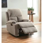 Blue linen recliner sectional sofa with memory foam seat and built-in cup holders in a modern living room
