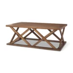 Goldoma 48-inch solid oak coffee table with wabi-sabi geometric lattice base and clear tempered glass top